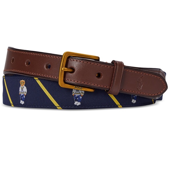 NWT Polo Ralph Lauren Teddy Bear Belt Blue Fabric Leather Brass Buckle Logo